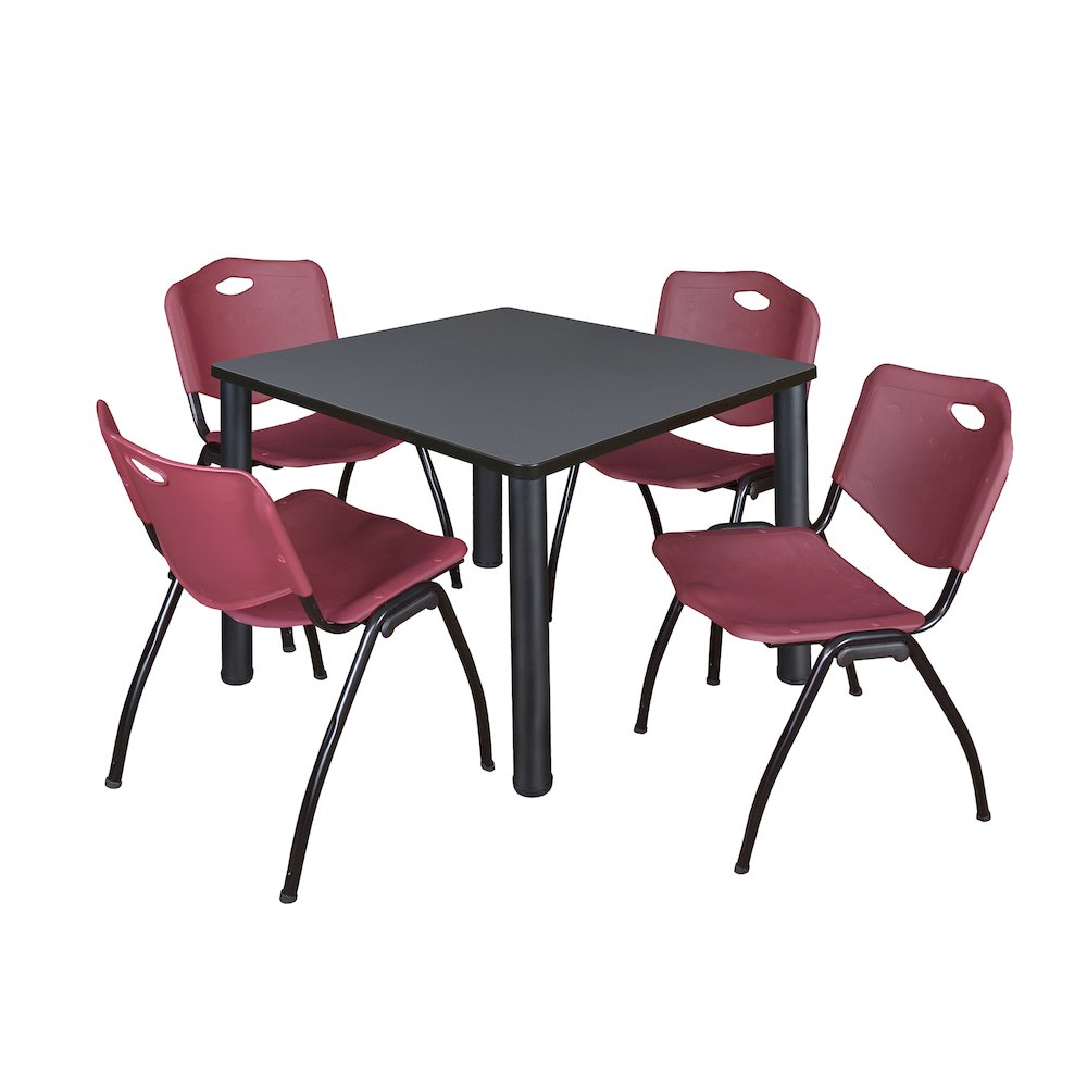 36 in Square Breakroom Table- Grey Top, Black Legs, 4 M Stack Chairs- Burgundy. Picture 1