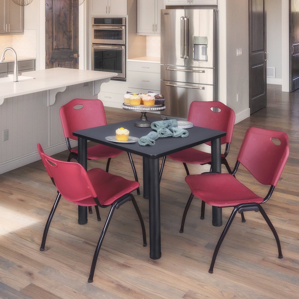 36 in Square Breakroom Table- Grey Top, Black Legs, 4 M Stack Chairs- Burgundy. Picture 7