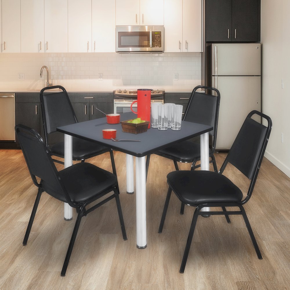 36 in Square Breakroom Table- Grey Top, Chrome Legs, 4 Restaurant Stack Chairs. Picture 7