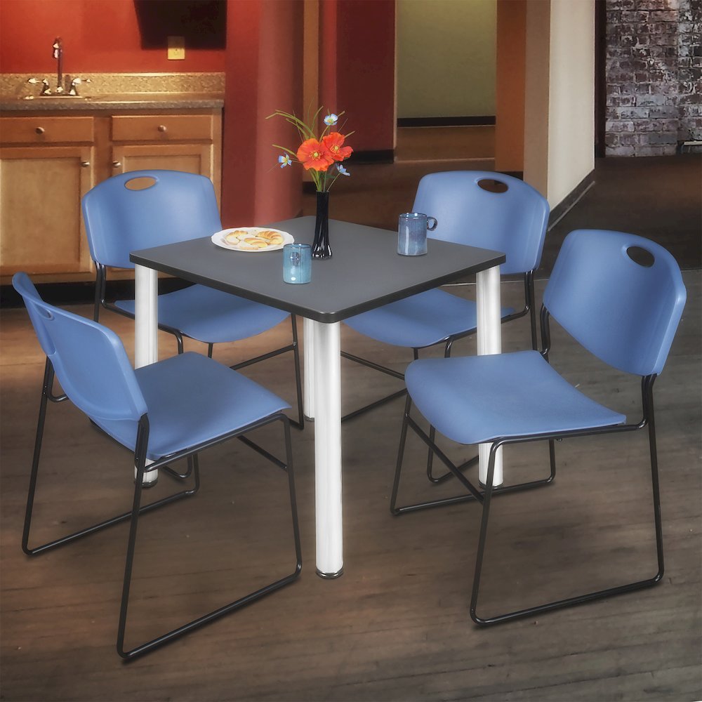 36 in Square Breakroom Table- Grey Top, Chrome Legs, 4 Zeng Stack Chairs- Blue. Picture 7