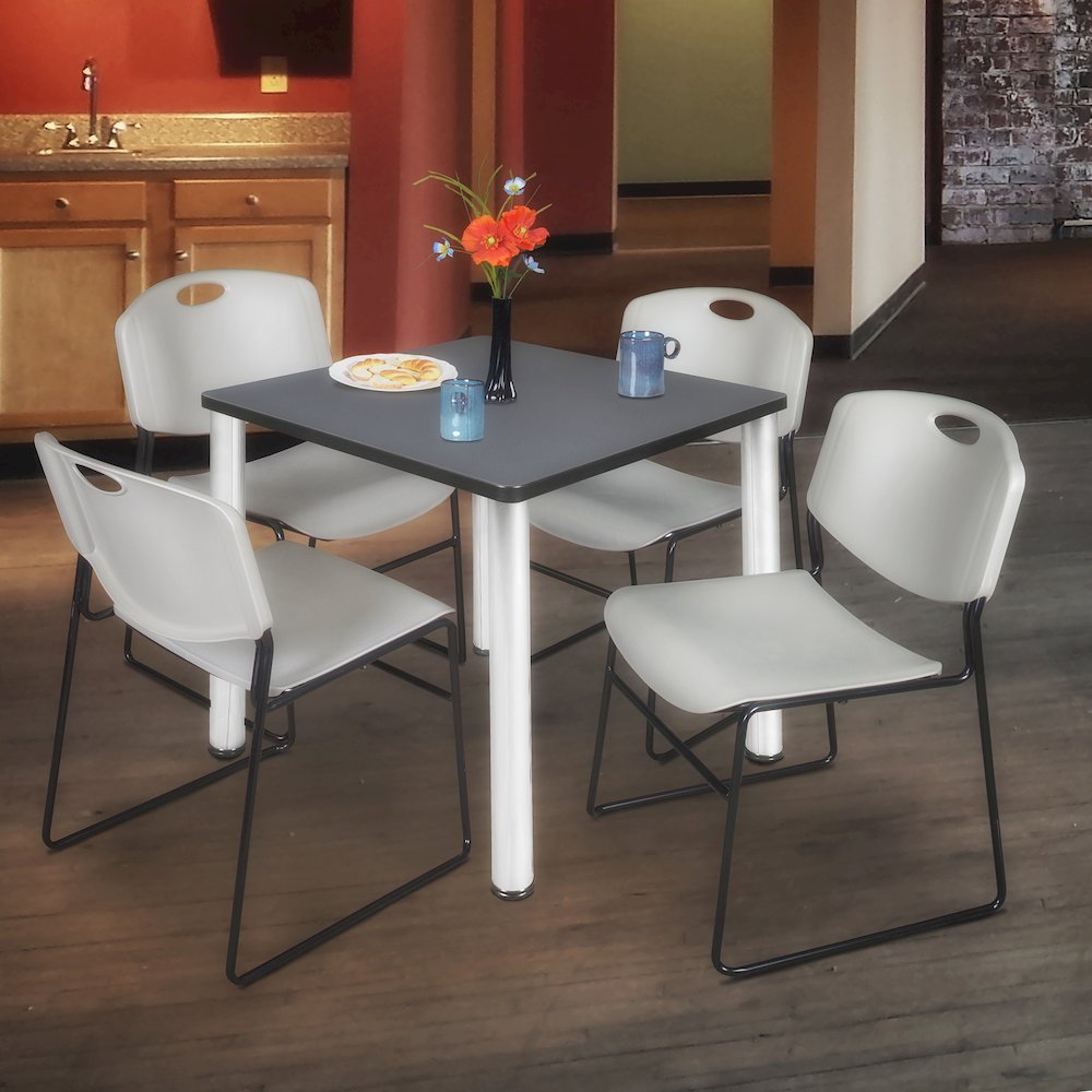 36 in Square Breakroom Table- Grey Top, Chrome Legs, 4 Zeng Stack Chairs- Grey. Picture 7