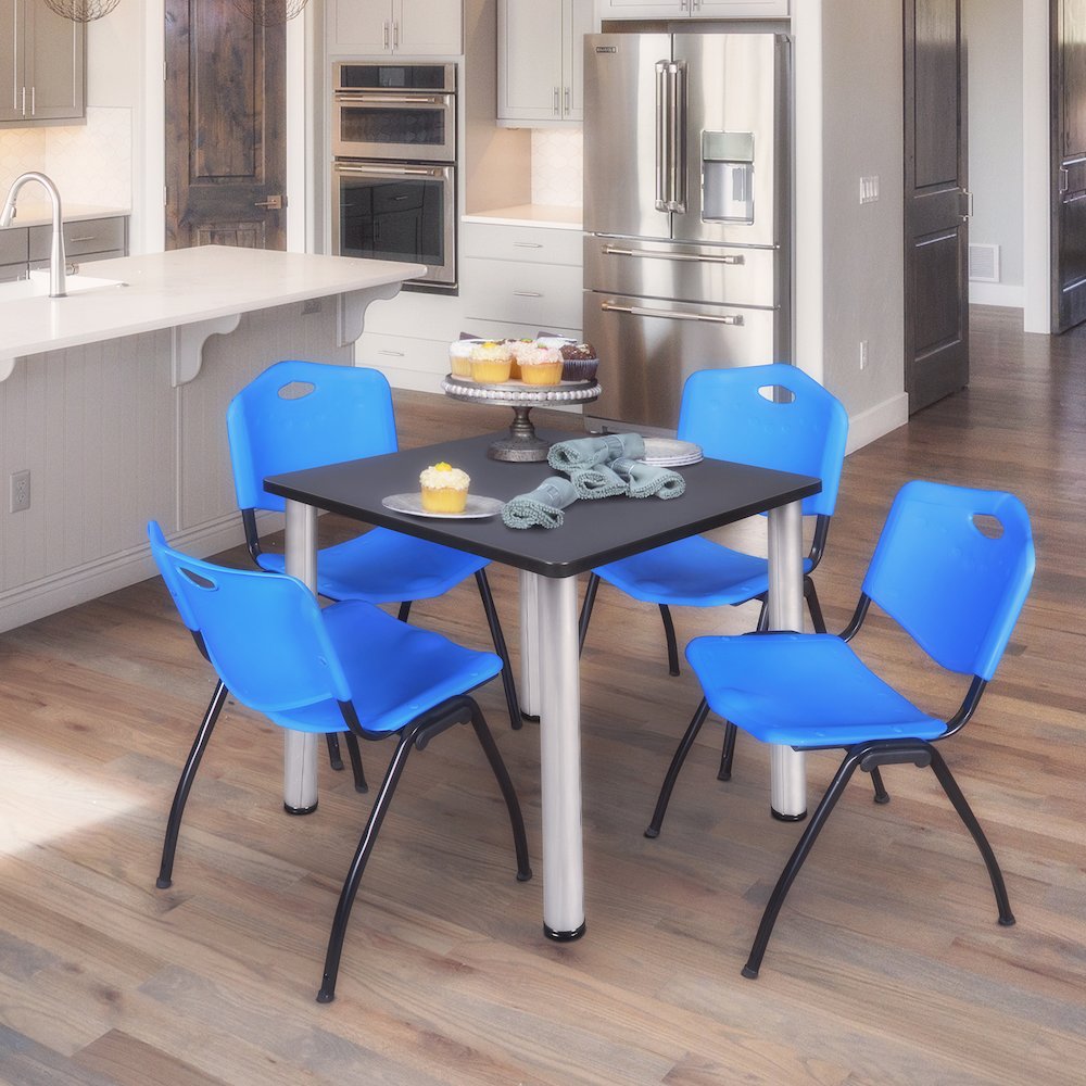 36 in Square Breakroom Table- Grey Top, Chrome Legs, 4 M Stack Chairs- Blue. Picture 7