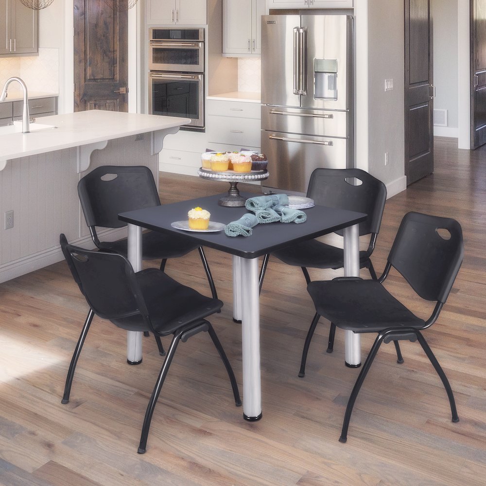 36 in Square Breakroom Table- Grey Top, Chrome Legs, 4 M Stack Chairs- Black. Picture 7
