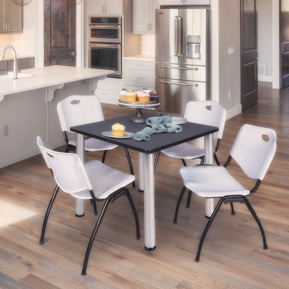 36 in Square Breakroom Table- Grey Top, Chrome Legs, 4 M Stack Chairs- Grey. Picture 7