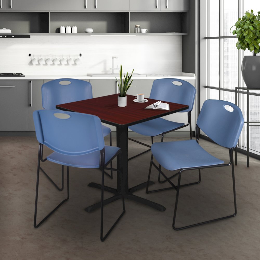 36 in. Square X-Base Breakroom Table- Mahogany & 4 Zeng Stack Chairs- Blue. Picture 9