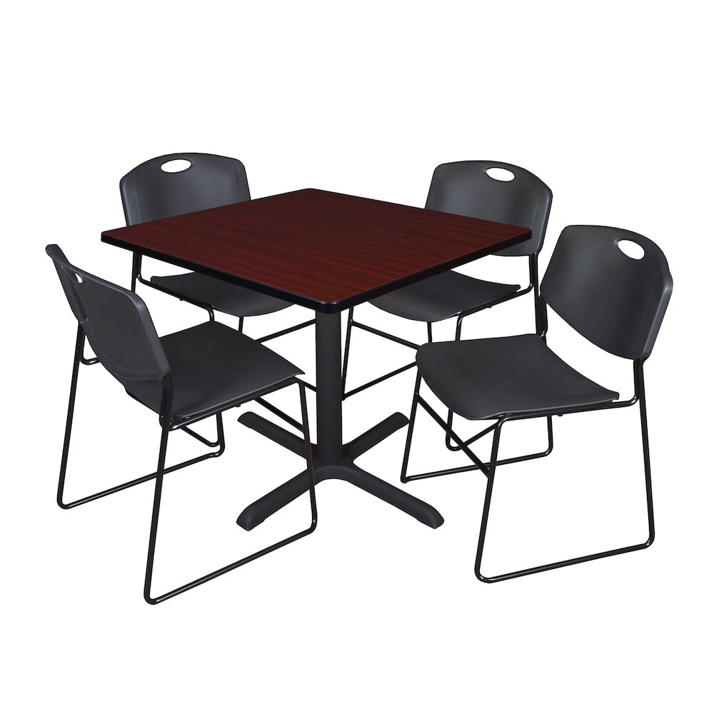 36 in. Square X-Base Breakroom Table- Mahogany & 4 Zeng Stack Chairs- Black. Picture 1