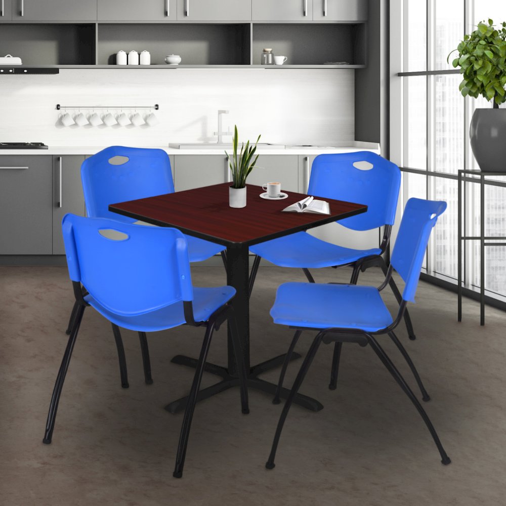 36 in. Square X-Base Breakroom Table- Mahogany & 4 M Stack Chairs- Blue. Picture 9