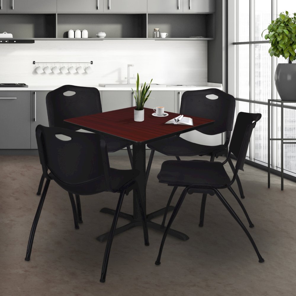 36 in. Square X-Base Breakroom Table- Mahogany & 4 M Stack Chairs- Black. Picture 9