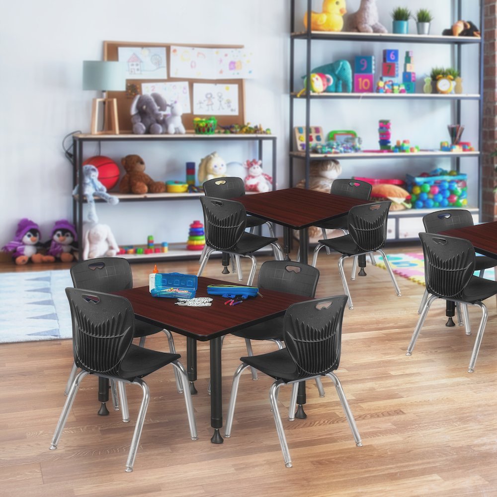 36 Square Adjustable Classroom Table- Mahogany & 4 Andy 12 Stack Chairs- Black. Picture 7