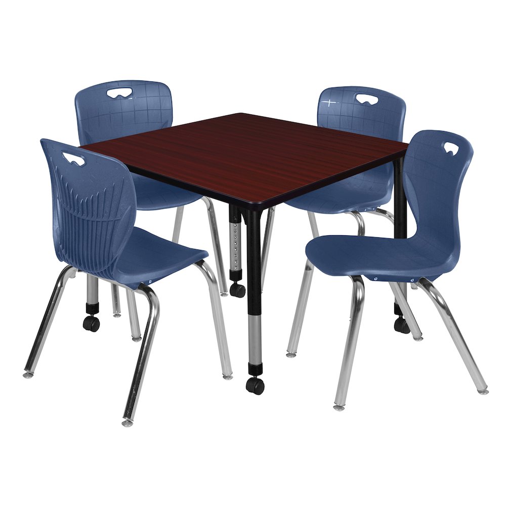 36 Square Mobile Classroom Table- Mahogany & 4 Andy 18 Stack Chairs- Blue. Picture 1
