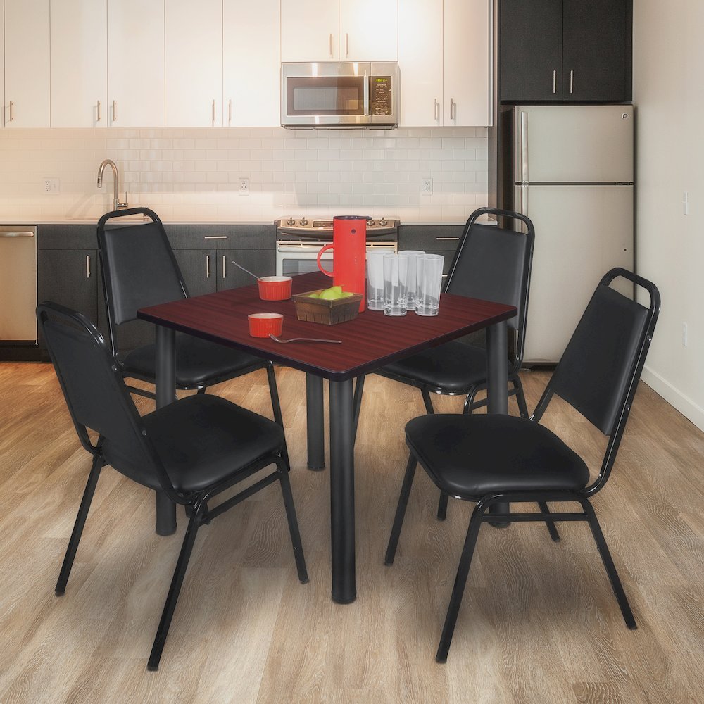 36 Square Breakroom Table- Mahogany Top, Black Legs, 4 Restaurant Stack Chairs. Picture 7