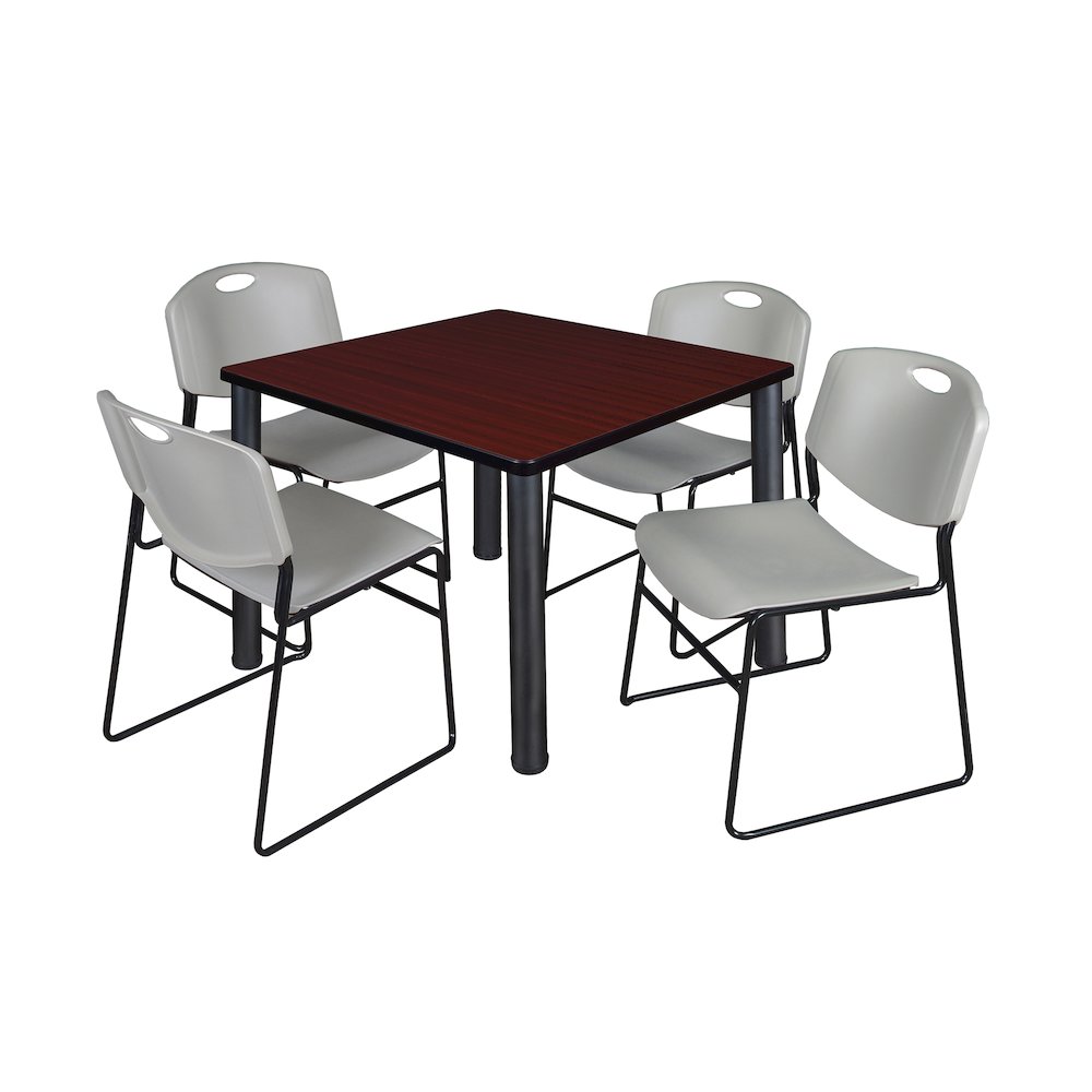 36 Square Breakroom Table- Mahogany Top, Black Legs, 4 Zeng Stack Chairs- Grey. Picture 1