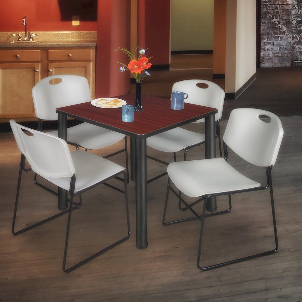 36 Square Breakroom Table- Mahogany Top, Black Legs, 4 Zeng Stack Chairs- Grey. Picture 7