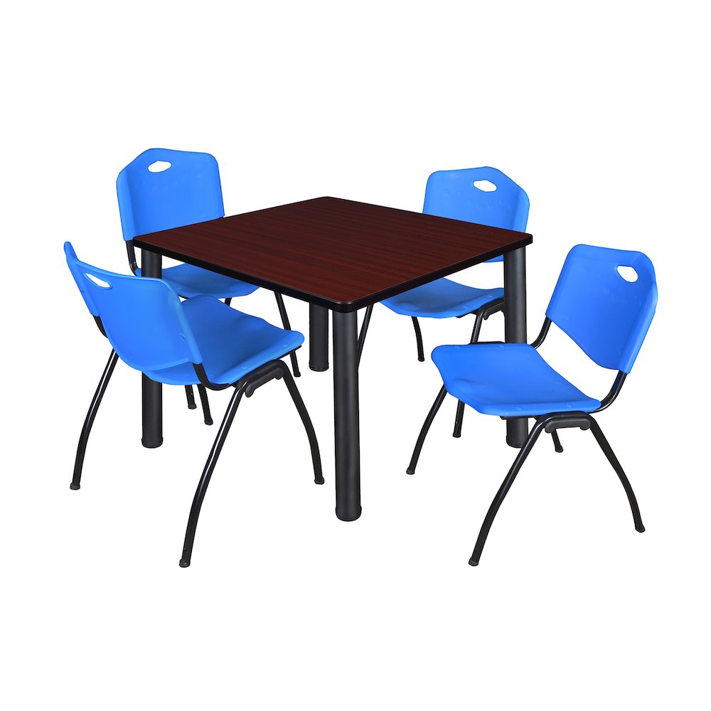 36 in Square Breakroom Table- Mahogany Top, Black Legs, 4 M Stack Chairs- Blue. Picture 1