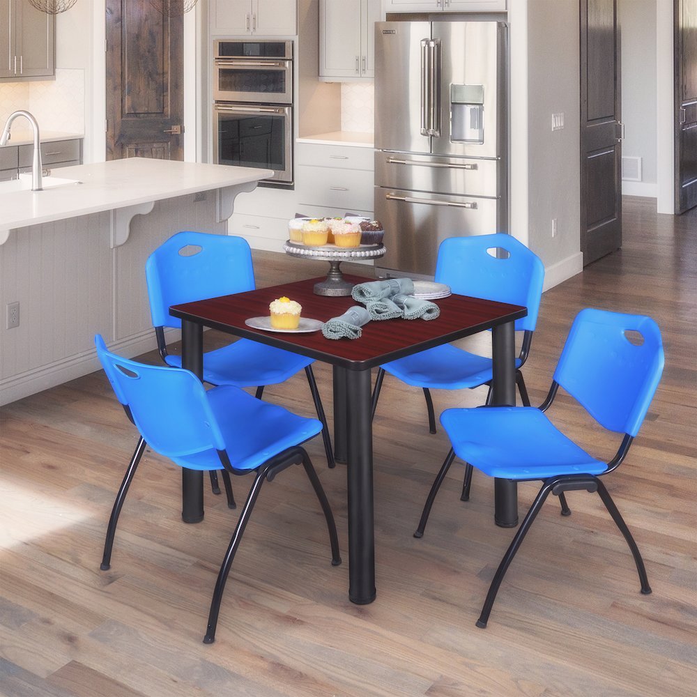 36 in Square Breakroom Table- Mahogany Top, Black Legs, 4 M Stack Chairs- Blue. Picture 7