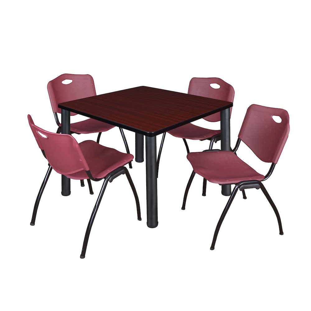 36 Square Breakroom Table- Mahogany Top, Black Legs, 4 M Stack Chairs- Burgundy. Picture 1