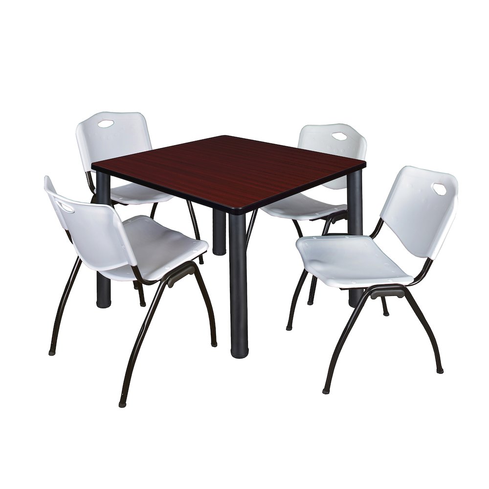 36 in Square Breakroom Table- Mahogany Top, Black Legs, 4 M Stack Chairs- Grey. Picture 1