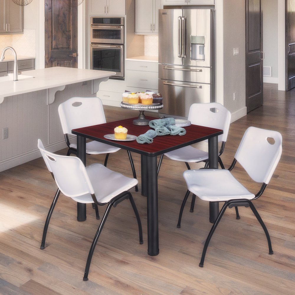 36 in Square Breakroom Table- Mahogany Top, Black Legs, 4 M Stack Chairs- Grey. Picture 7