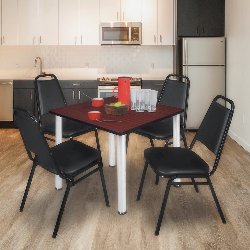 36 Square Breakroom Table- Mahogany Top, Chrome Legs, 4 Restaurant Stack Chairs. Picture 7
