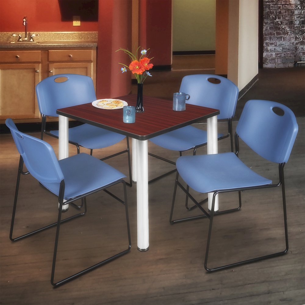 36 Square Breakroom Table- Mahogany Top, Chrome Legs, 4 Zeng Stack Chairs- Blue. Picture 7