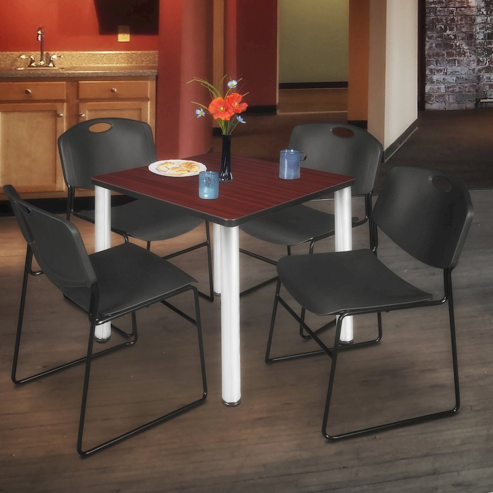 36 Square Breakroom Table- Mahogany Top, Chrome Legs, 4 Zeng Stack Chairs- Black. Picture 7