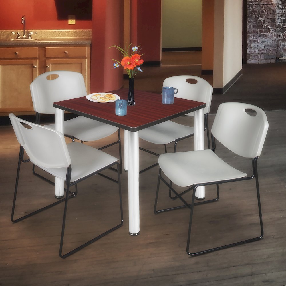 36 Square Breakroom Table- Mahogany Top, Chrome Legs, 4 Zeng Stack Chairs- Grey. Picture 7