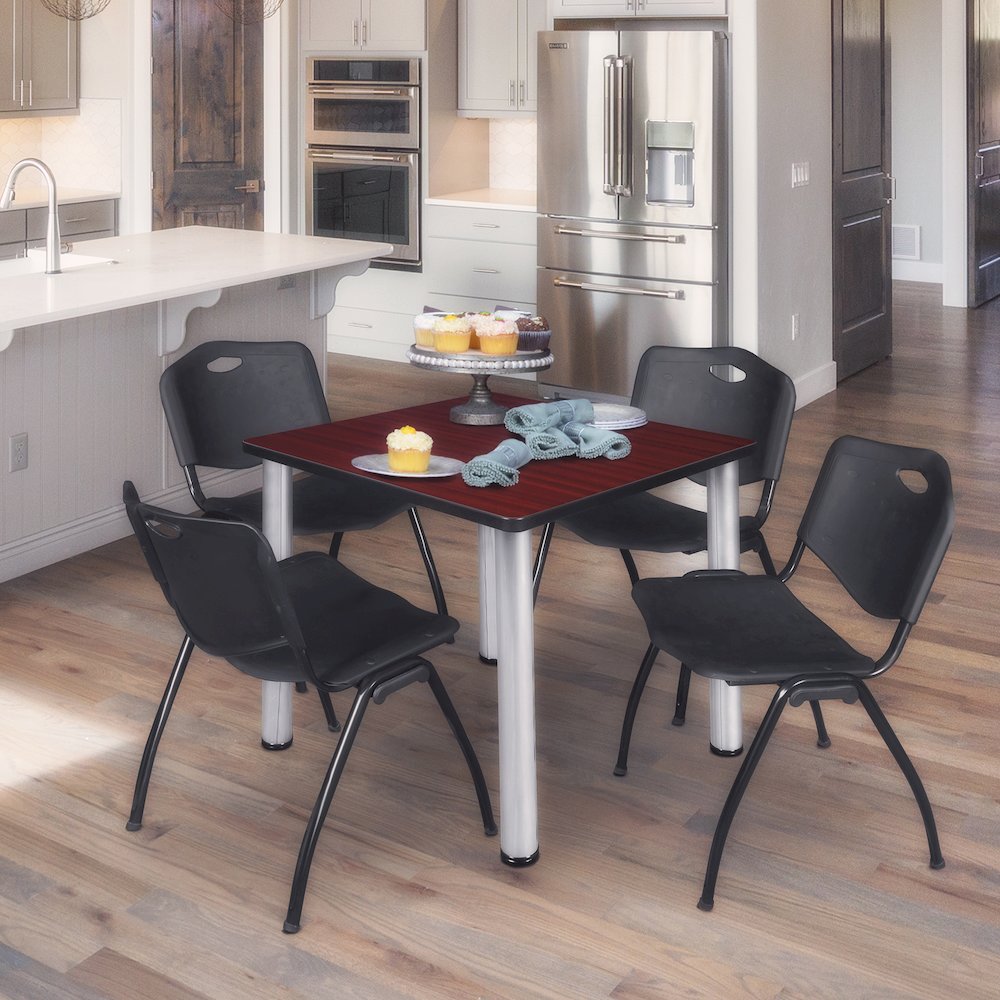 36 in Square Breakroom Table- Mahogany Top, Chrome Legs, 4 M Stack Chairs- Black. Picture 7