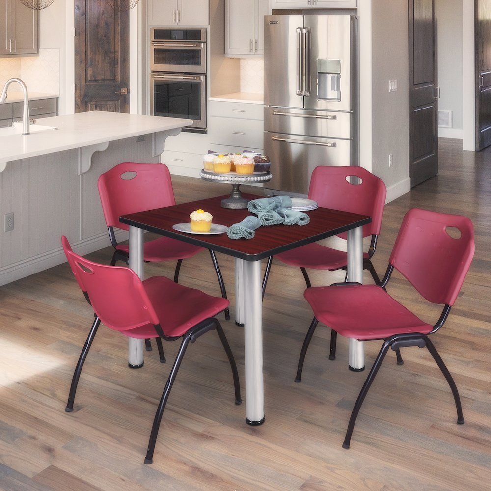 36 Square Breakroom Table- Mahogany Top, Chrome Legs, 4 M Stack Chairs- Burgundy. Picture 7