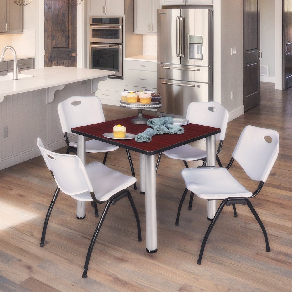 36 in Square Breakroom Table- Mahogany Top, Chrome Legs, 4 M Stack Chairs- Grey. Picture 7