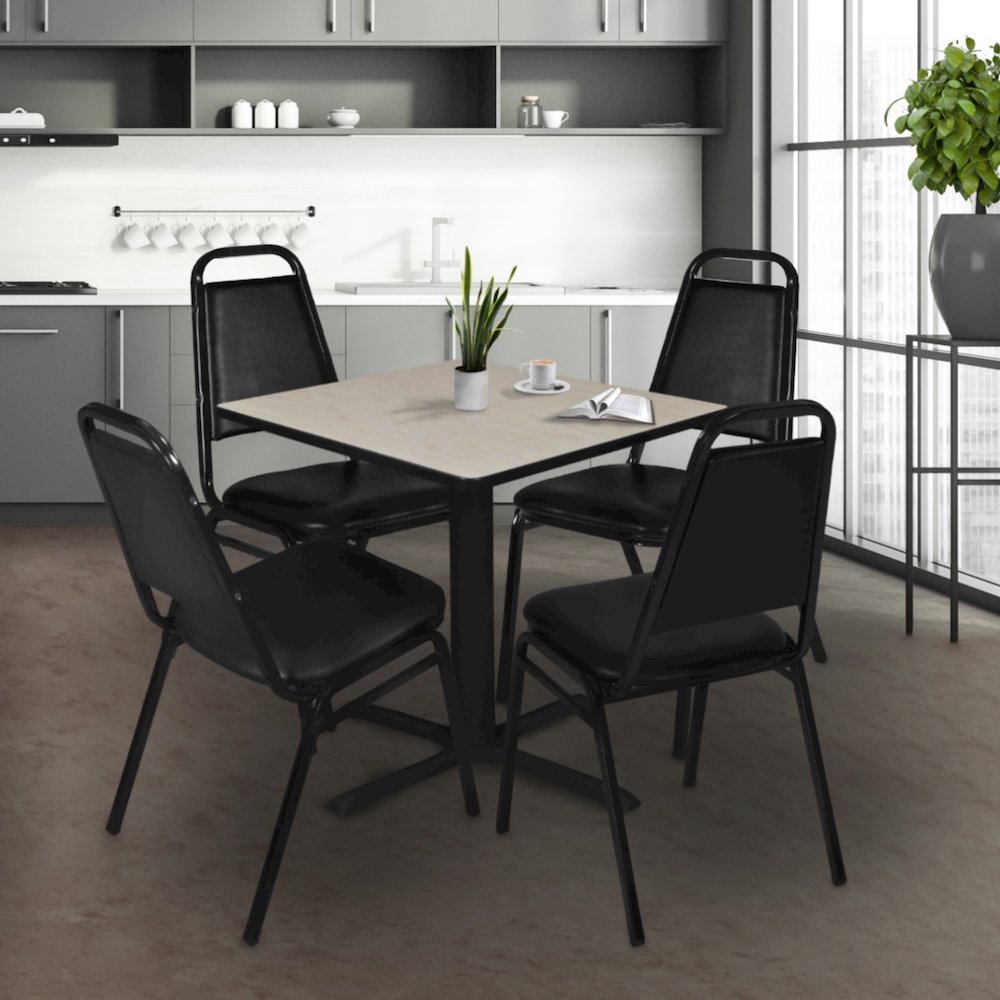 36 in. Square X-Base Breakroom Table- Maple & 4 Restaurant Stack Chairs- Black. Picture 9