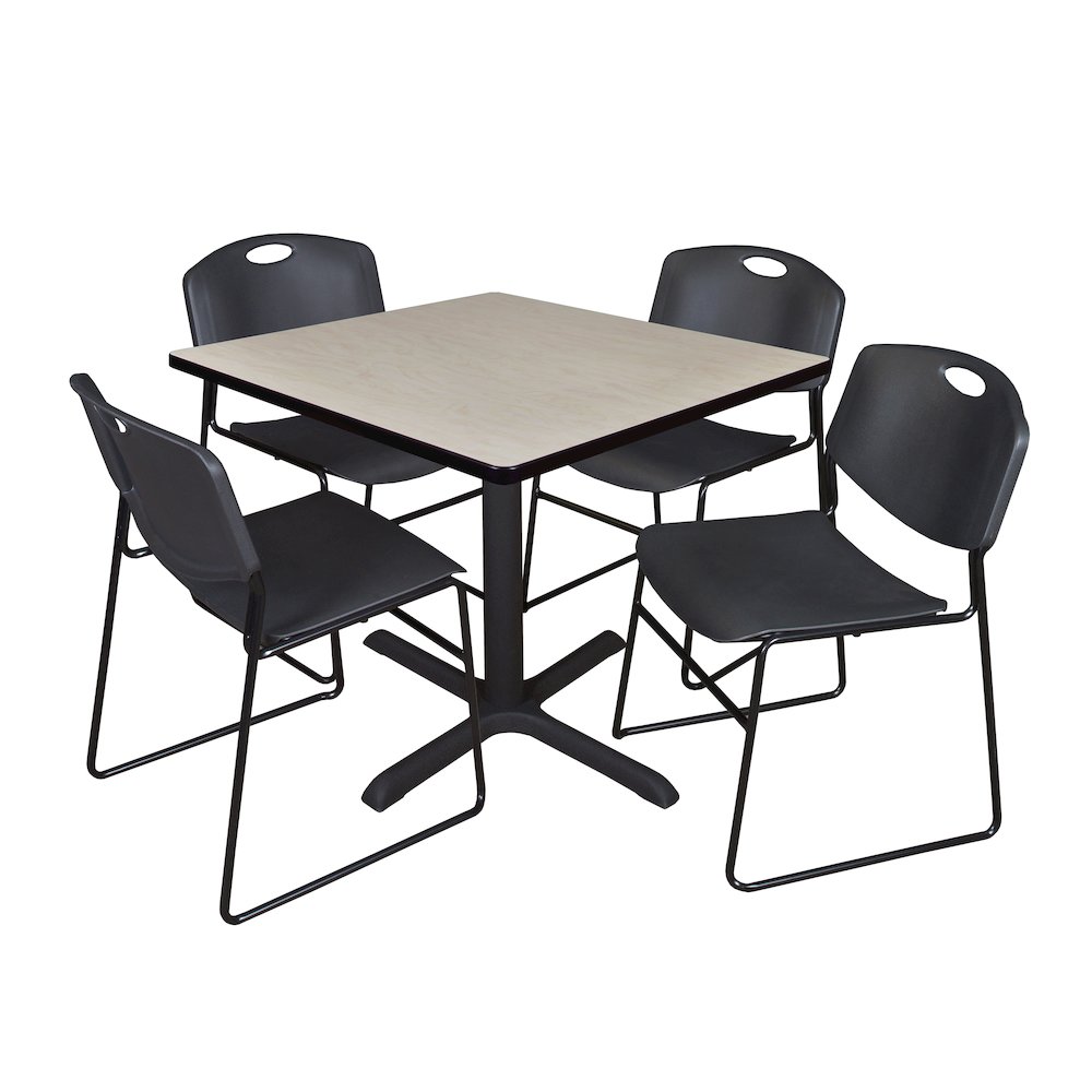 36 in. Square X-Base Breakroom Table- Maple & 4 Zeng Stack Chairs- Black. Picture 1
