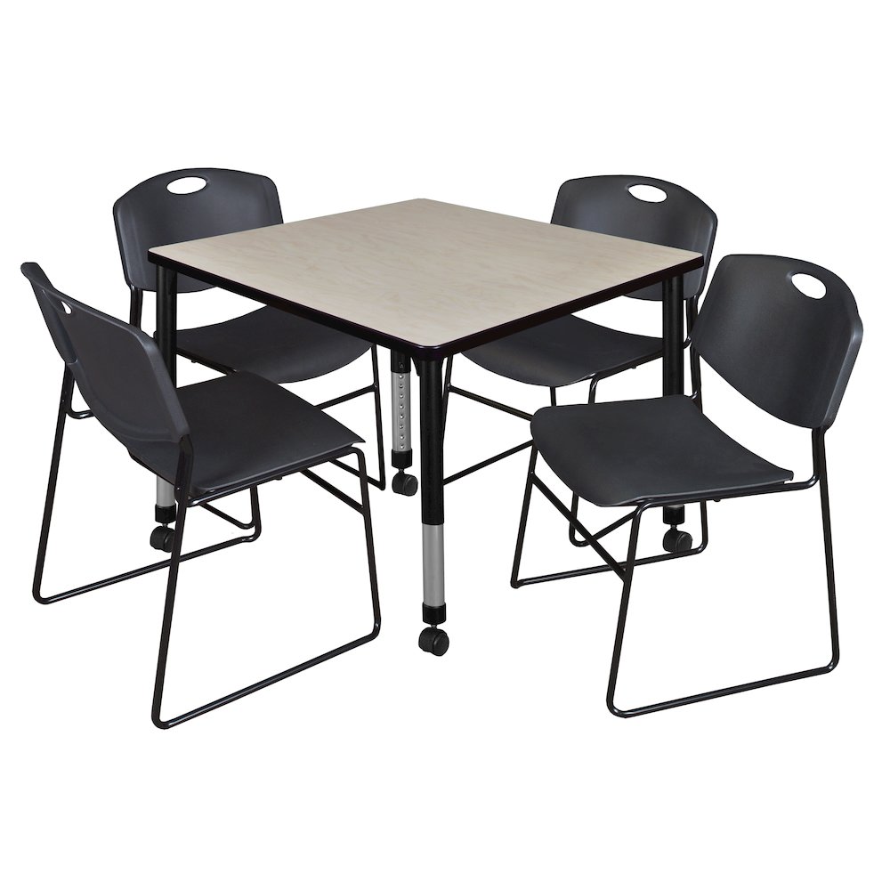 36 Square Mobile Adjustable Classroom Table- Maple & 4 Zeng Stack Chairs- Black. Picture 1