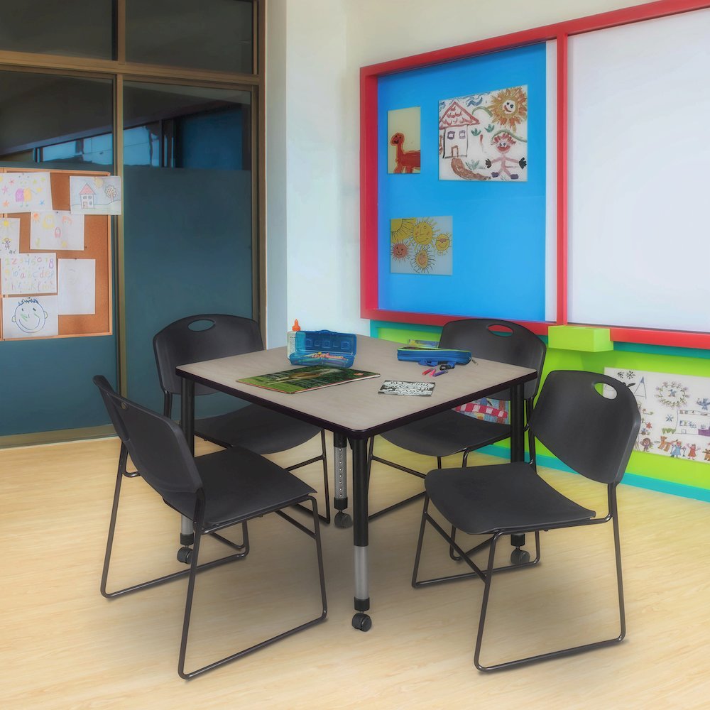 36 Square Mobile Adjustable Classroom Table- Maple & 4 Zeng Stack Chairs- Black. Picture 7