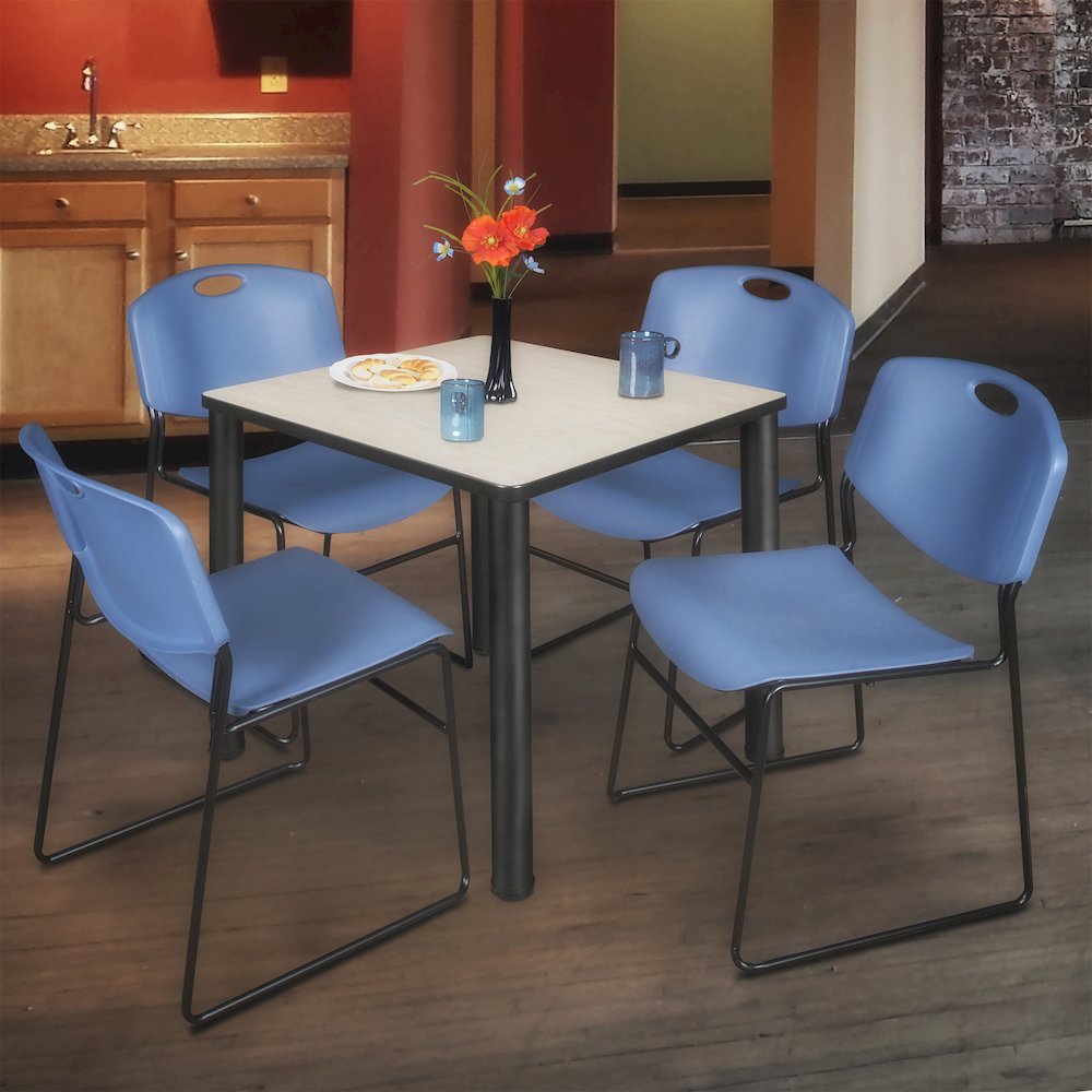 36 in Square Breakroom Table- Maple Top, Black Legs, 4 Zeng Stack Chairs- Blue. Picture 7