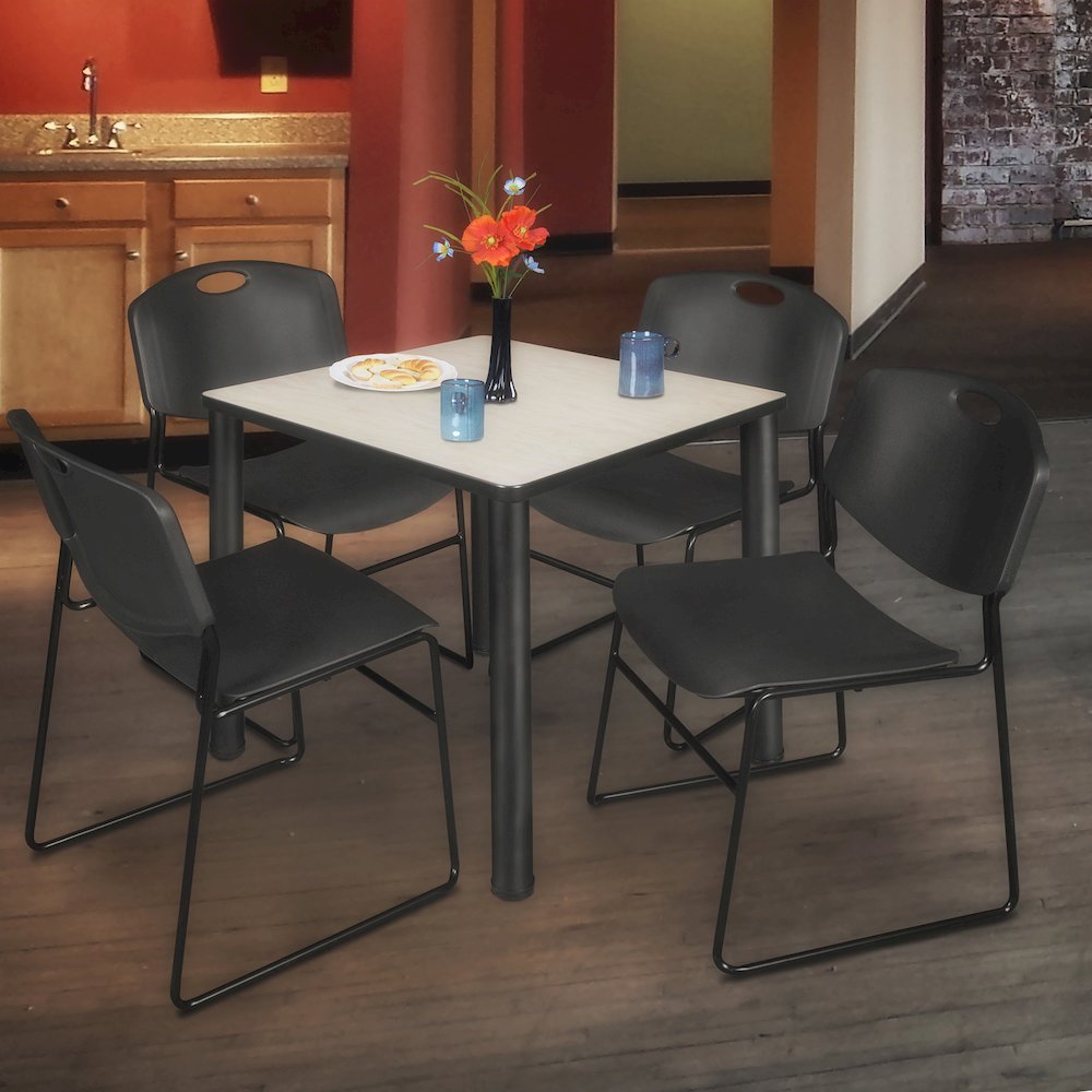 36 in Square Breakroom Table- Maple Top, Black Legs, 4 Zeng Stack Chairs- Black. Picture 7