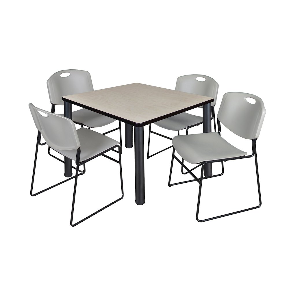 36 in Square Breakroom Table- Maple Top, Black Legs, 4 Zeng Stack Chairs- Grey. Picture 1