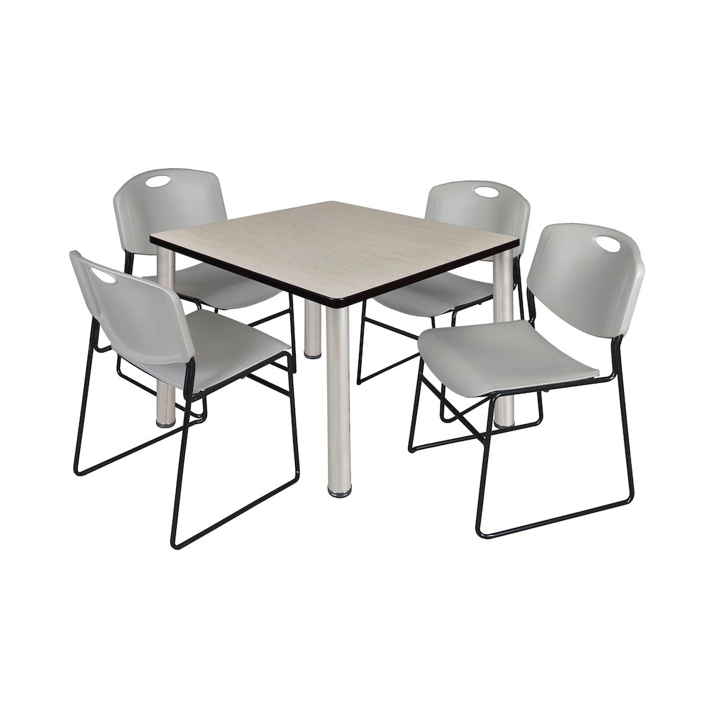 36 in Square Breakroom Table- Maple Top, Chrome Legs, 4 Zeng Stack Chairs- Grey. Picture 1
