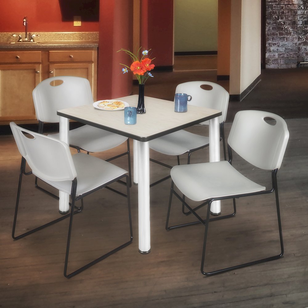 36 in Square Breakroom Table- Maple Top, Chrome Legs, 4 Zeng Stack Chairs- Grey. Picture 7