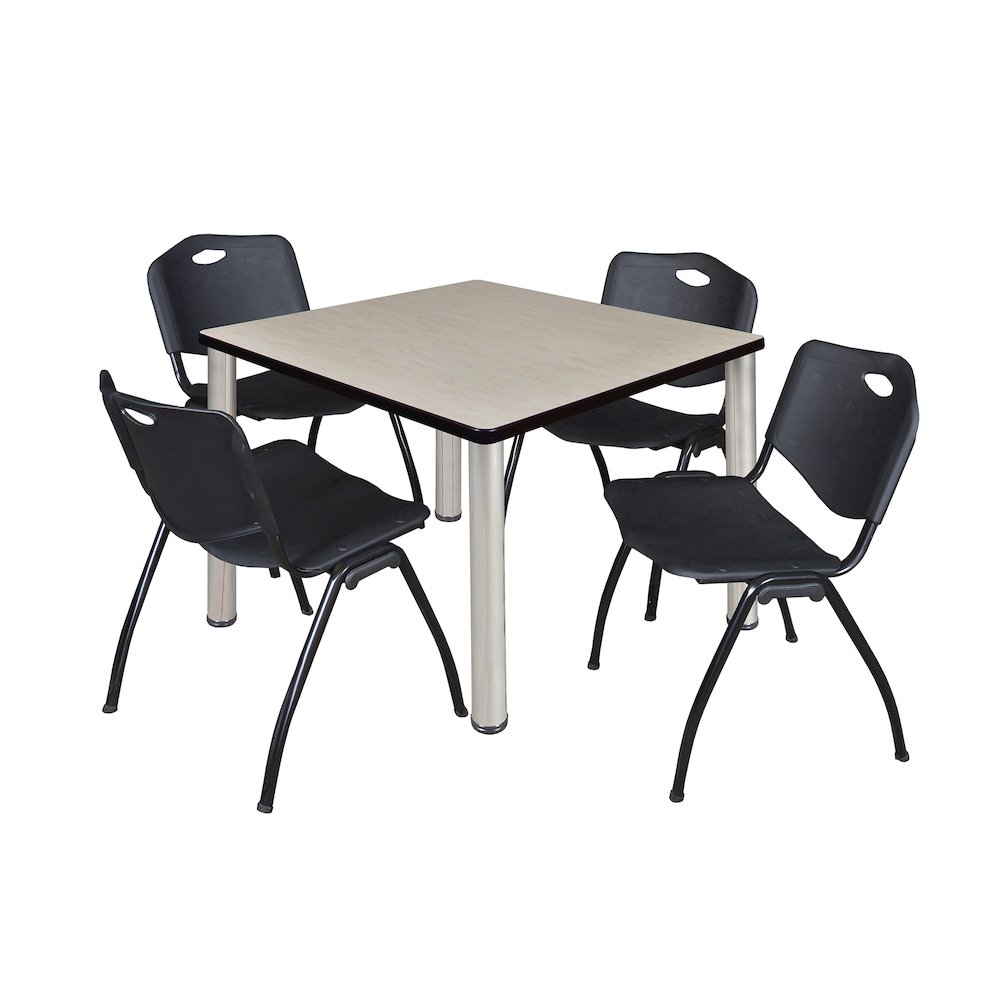 36 in Square Breakroom Table- Maple Top, Chrome Legs, 4 M Stack Chairs- Black. Picture 1