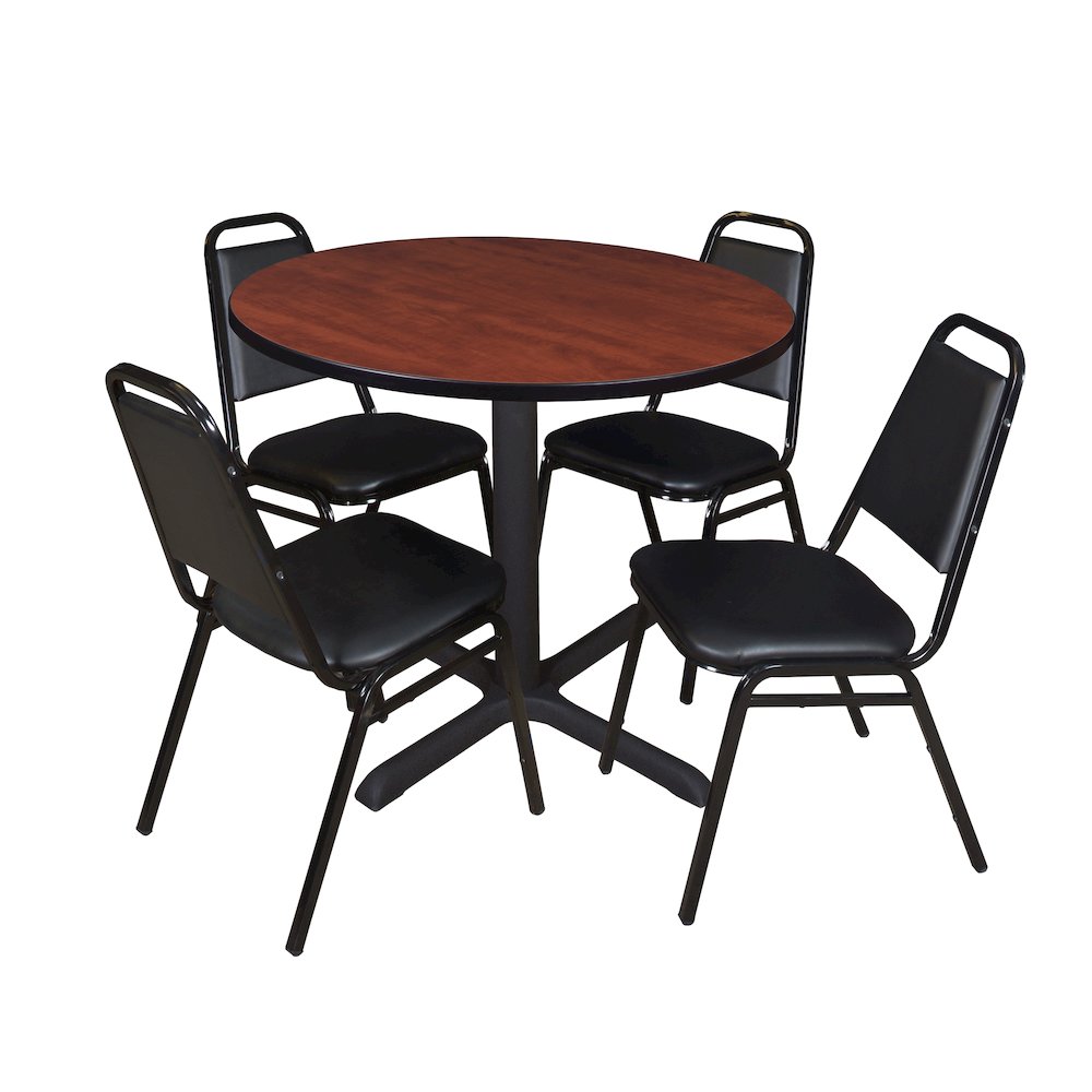 36 in. Round X-Base Breakroom Table- Cherry & 4 Restaurant Stack Chairs- Black. Picture 1