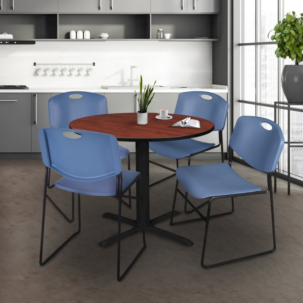36 in. Round X-Base Breakroom Table- Cherry & 4 Zeng Stack Chairs- Blue. Picture 8