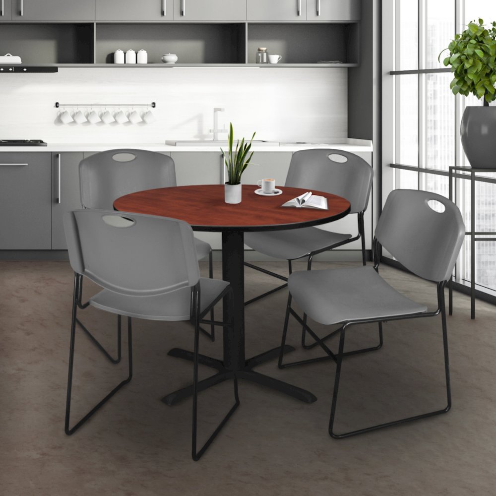 36 in. Round X-Base Breakroom Table- Cherry & 4 Zeng Stack Chairs- Grey. Picture 8