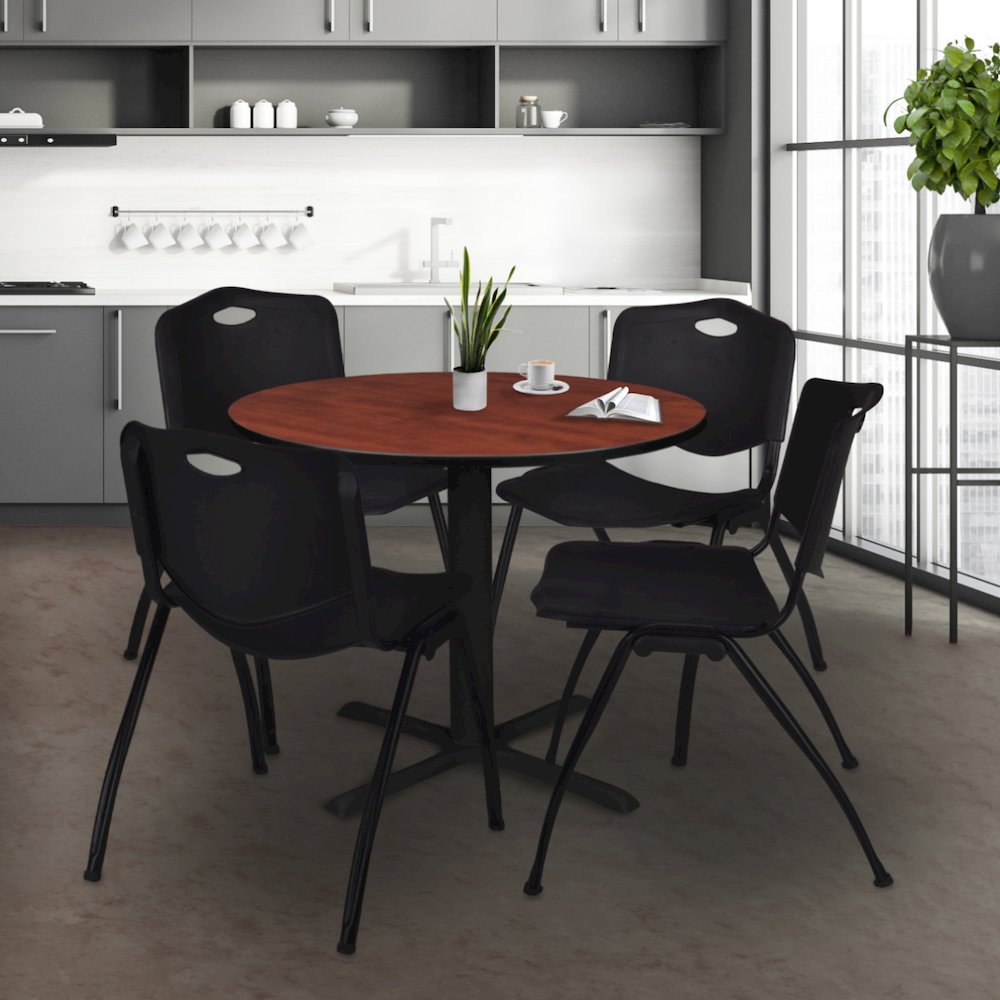 36 in. Round X-Base Breakroom Table- Cherry & 4 M Stack Chairs- Black. Picture 8
