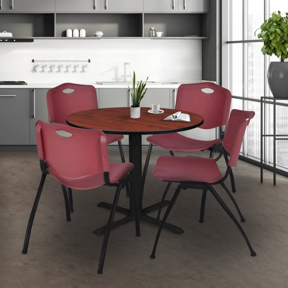 36 in. Round X-Base Breakroom Table- Cherry & 4 M Stack Chairs- Burgundy. Picture 8