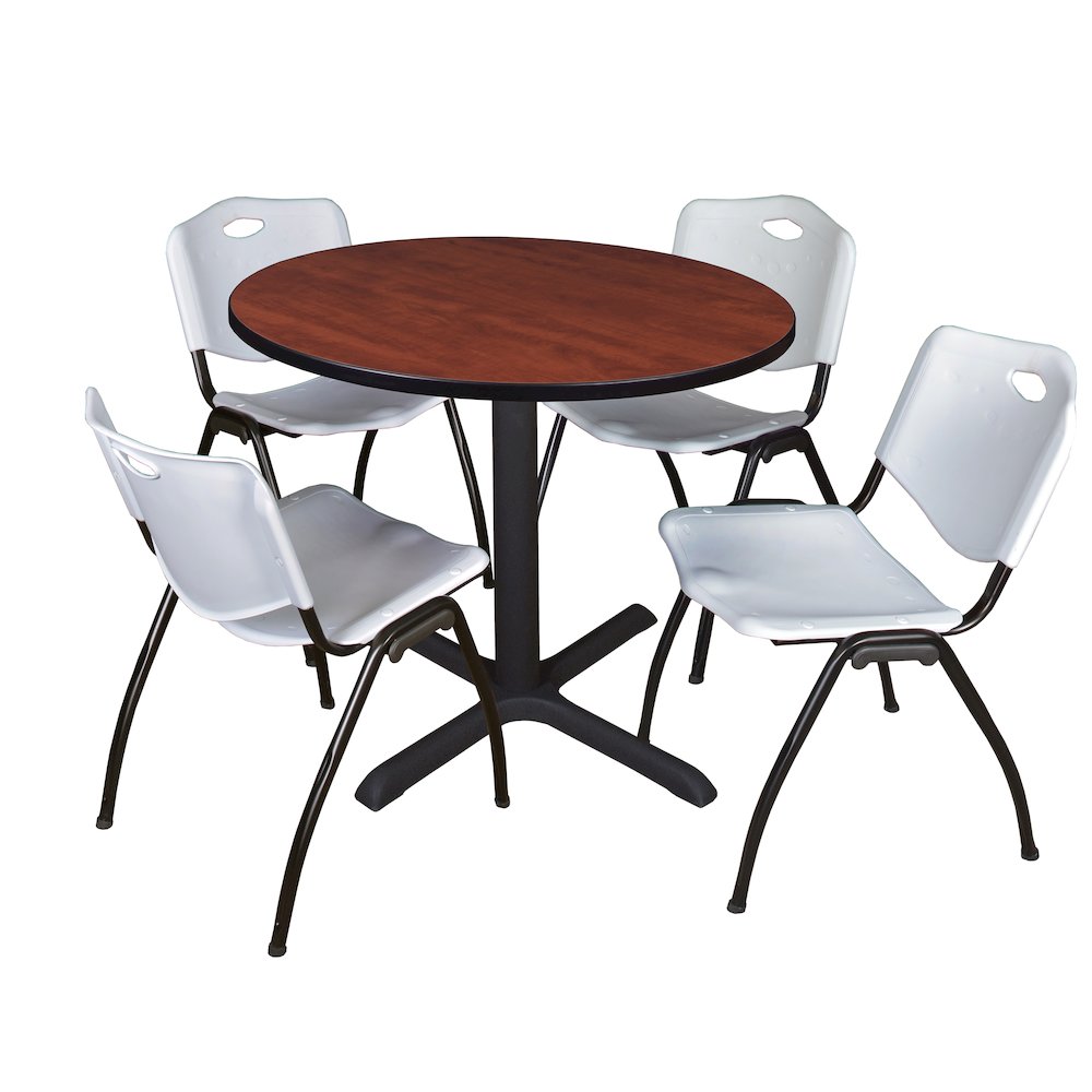 36 in. Round X-Base Breakroom Table- Cherry & 4 M Stack Chairs- Grey. Picture 1