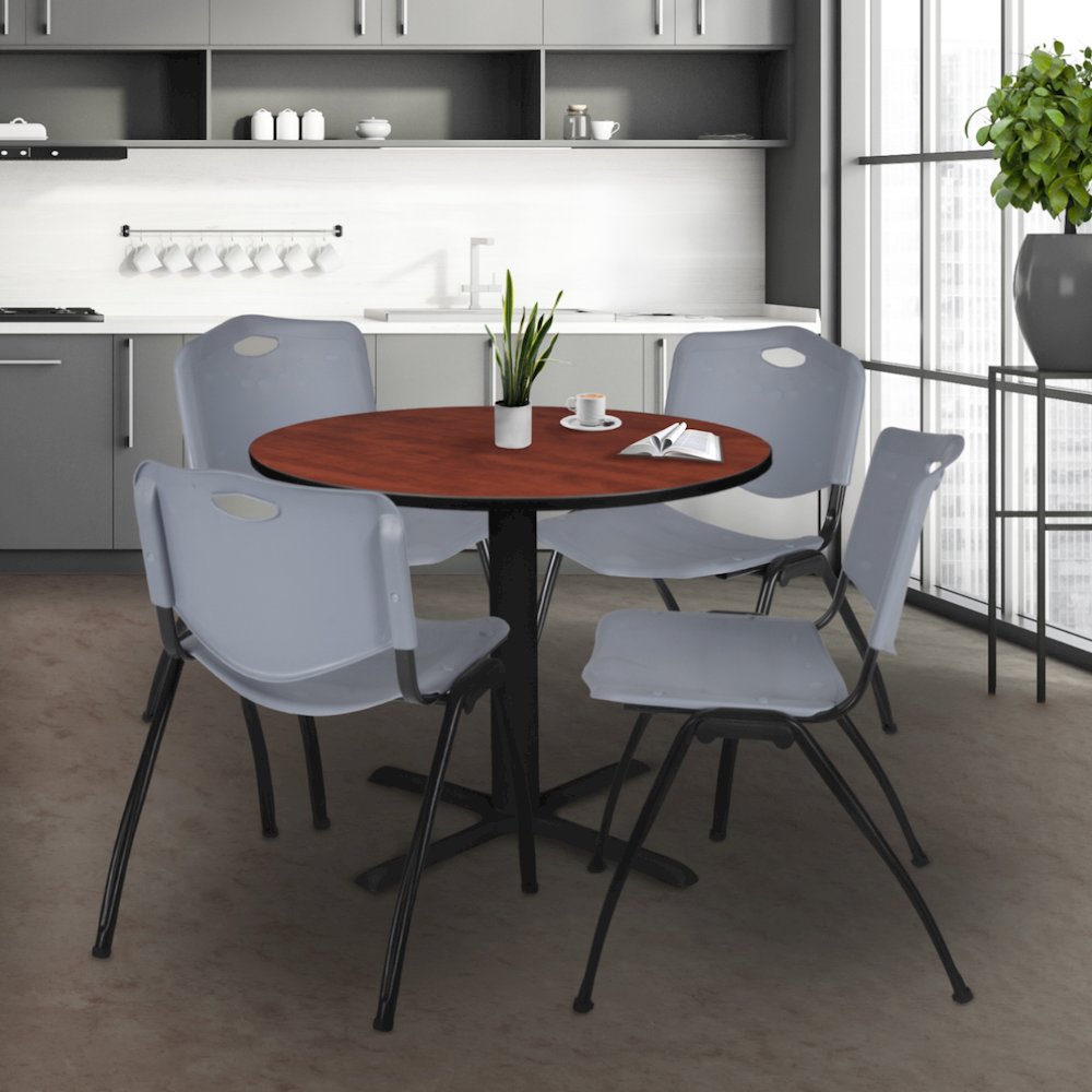 36 in. Round X-Base Breakroom Table- Cherry & 4 M Stack Chairs- Grey. Picture 8