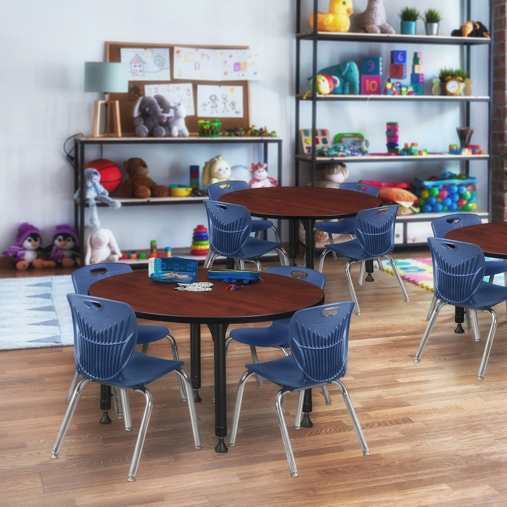 36 Round Adjustable Classroom Table- Cherry & 4 Andy 12 Stack Chairs- Blue. Picture 6