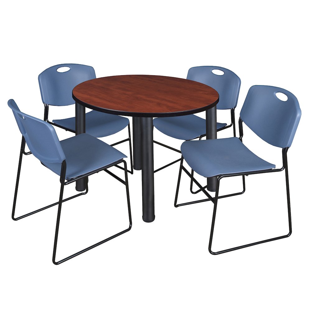 36 in Round Breakroom Table- Cherry Top, Black Legs, 4 Zeng Stack Chairs- Blue. Picture 1