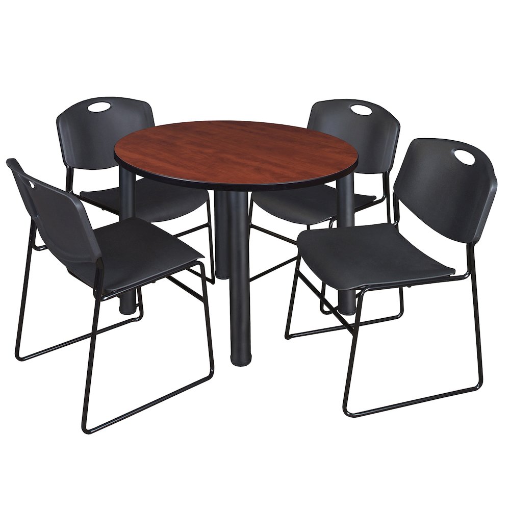 36 in Round Breakroom Table- Cherry Top, Black Legs, 4 Zeng Stack Chairs- Black. Picture 1