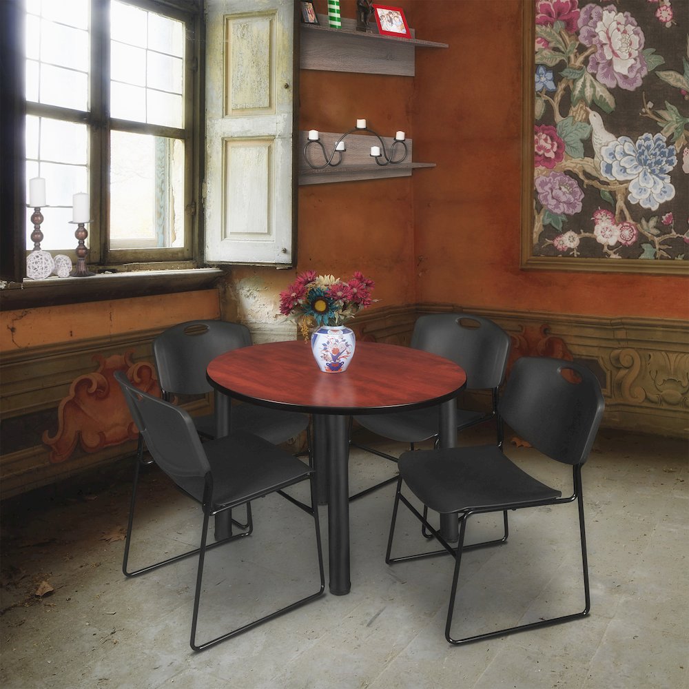 36 in Round Breakroom Table- Cherry Top, Black Legs, 4 Zeng Stack Chairs- Black. Picture 6